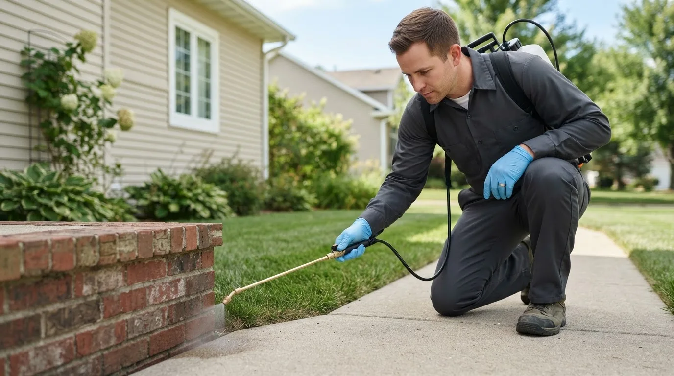 Pest control technician treating a home near Rose Hill, IA