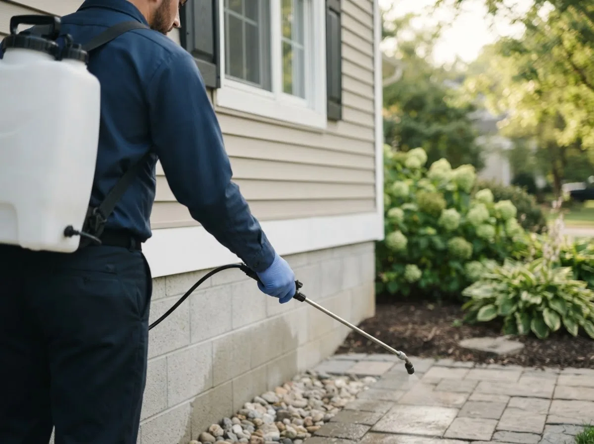 Pest control technician inspecting a home in Rose Hill, IA